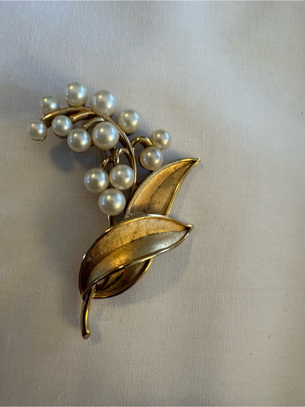 Lily of the valley Gold Leaf & FAUX Pearl Cluster Brooch - Classic Elegance